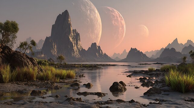 Mountain landscape with waterfall and full moon rising behind the peak