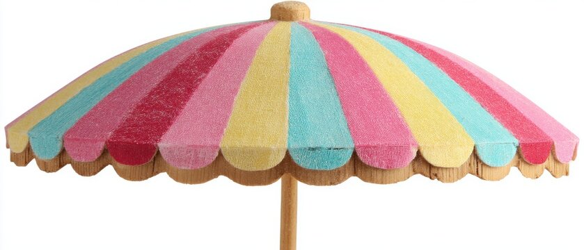 Colorful striped miniature umbrella overhead shot on white background summer vibe vibrant hues