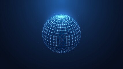 Obraz premium Glowing blue wireframe sphere with connected nodes and grid lines