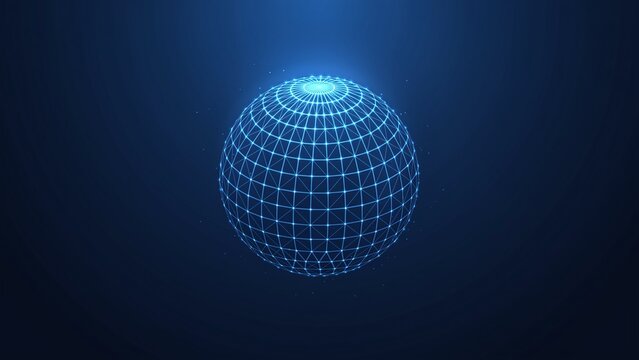 Glowing blue wireframe sphere with connected nodes and grid lines