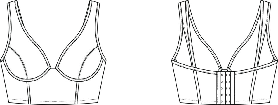 Women's Longline Support Bra Technical Fashion Flat Vector Template Front and Back