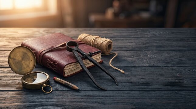 Vintage leather journal compass calipers and twine on rustic dark wooden table surface