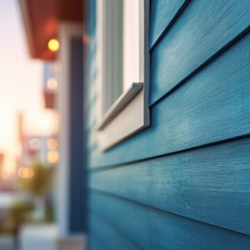 Blue house siding close up perspective showcasing window trim and wood grain texture in residential neighborhood at sunset