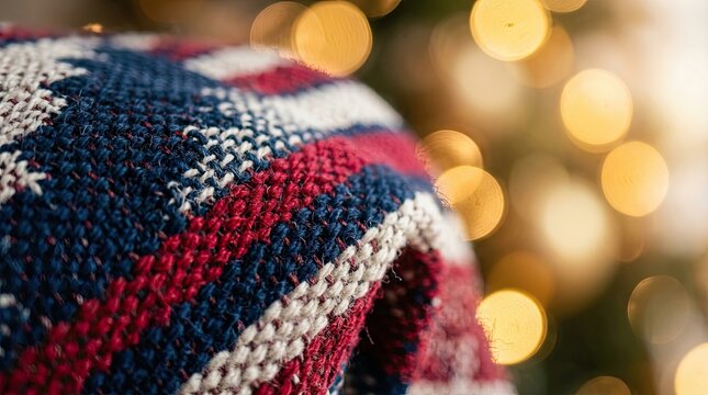 Close up macro view of red white and blue woven fabric with golden bokeh lights