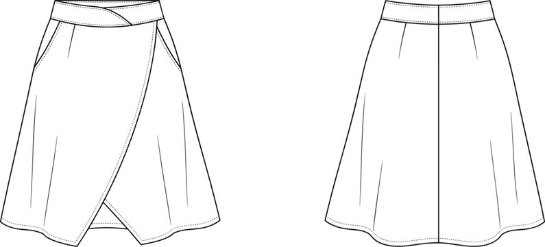 Women's Wrap A Line Skirt Technical Fashion Flat Sketch Front and Back