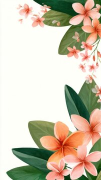 Watercolor Frangipani Flowers with Green Leaves Illustration in Vertical Orientation for Floral Design Projects