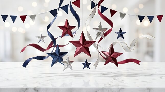 Festive red white blue star decorations floating over polished white marble surface background
