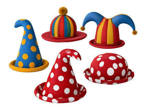 Collection set of 3d illustration colorful clown party hats isolated on transparent or white background, png