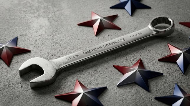 Industrial steel wrench resting among decorative red and blue stars on textured concrete surface