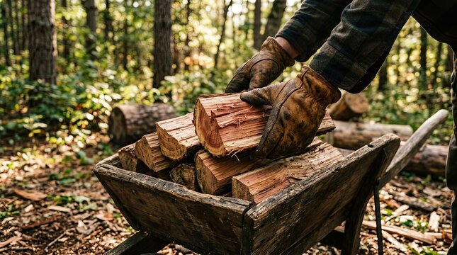 Person wearing leather gloves loading freshly split logs into a rustic wooden wheelbarrow