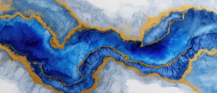 Abstract Fluid Art Painting with Blue and Gold Pigment Modern Artistic Design Creativity and Elegance Decorative Background for Graphic Design Projects