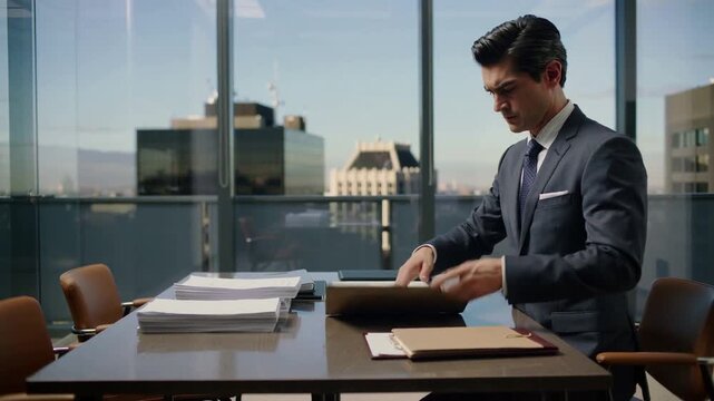 Looking exec suit moving conference table taking manila folder sorting docs for meeting, copy space