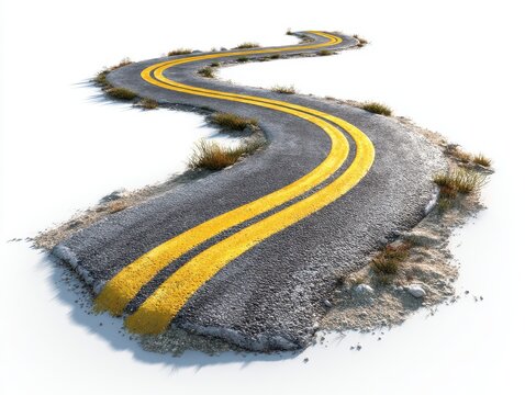 Winding Asphalt Road with Yellow Lines Isolated on White Background Overhead Shot Conceptual Journey