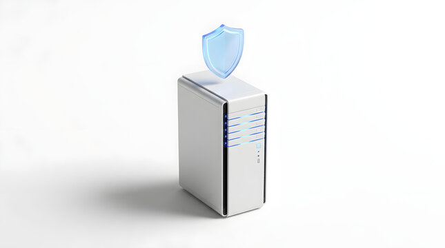 Server tower with glowing shield icon representing data center security and server protection