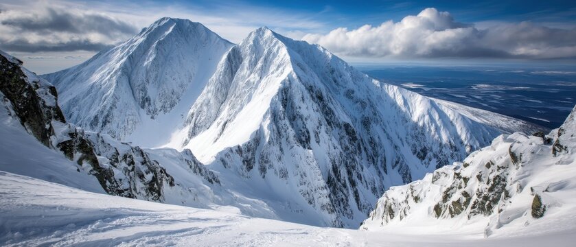 Majestic Snowy Peaks Landscape View from High Altitude in Winter Season with Blue Sky and Clouds in Alaska
