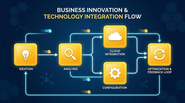 Business innovation and technology integration flow chart, digital process diagram with ideation and cloud integration, corporate workflow infographic