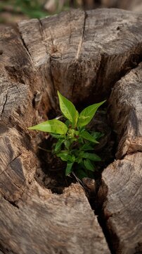 Sprout Growing in Tree Stump Close-Up Shot of New Life Emerging from Old Wood in Forest Environment