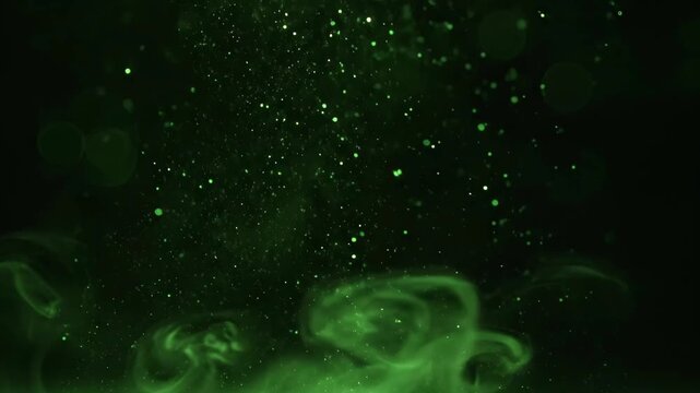 緑色に発光する粒子と煙のアブストラクト空間（宇宙, 背景, CG, サイバー）