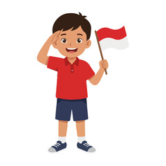 Indonesian boy saluting and holding the national flag