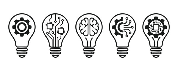 Set of five light bulb icons with gear microchip brain and circuit board elements inside outline. © Mohammad