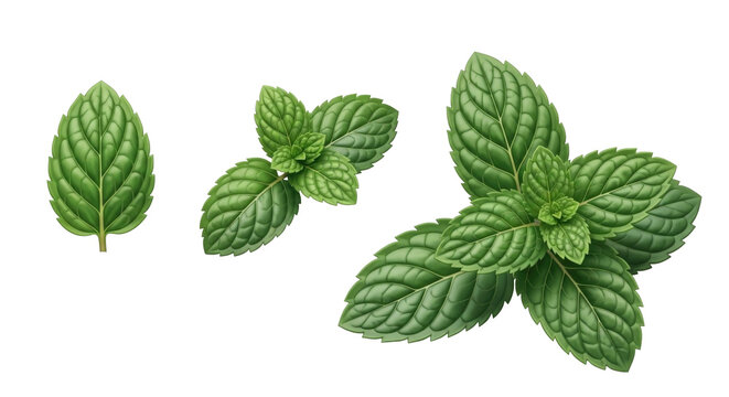 Fresh green mint leaves collection. Culinary herb sprigs for food design Cutout PNG