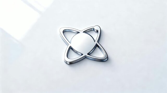 Zooming camera revealing chrome emblem growing on white tabletop showing window reflection for logo