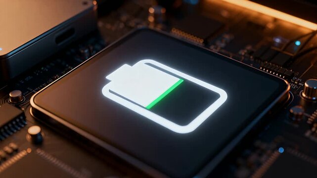 Shifting camera lighting creating flicker on battery icon on PCB black chip, showing partial charge