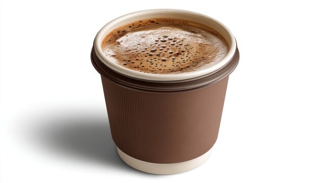 Close-up of Steaming Coffee in Brown Paper Cup on White Background, Eye-Level Shot, Studio Lighting, Perfect for Morning Routine or Cafe Menu