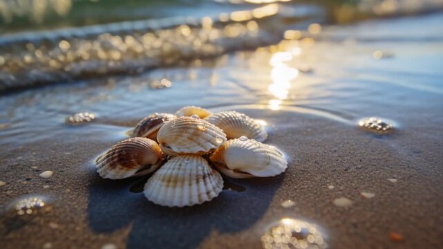 Foam wave lapping submerging retreating around six scallop shells at sandy shore leaving ripples