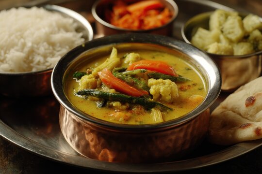 Indian Vegetable Korma Curry Served with Rice and Naan Bread Overhead Studio Shot Delicious Cuisine