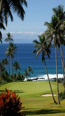 Fototapeta premium Tropical Golf Course Overlook with Palm Trees and Ocean View in Samoa, Pacific Island Paradise, Scenic Landscape