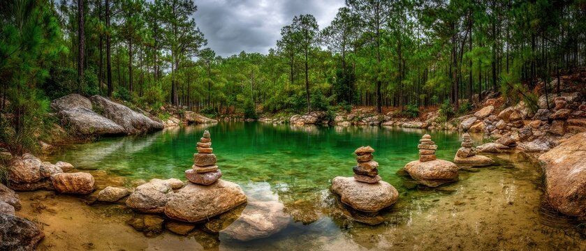 Emerald Pool in Forest with Rock Cairns Landscape View Serene Scene Nature Photography