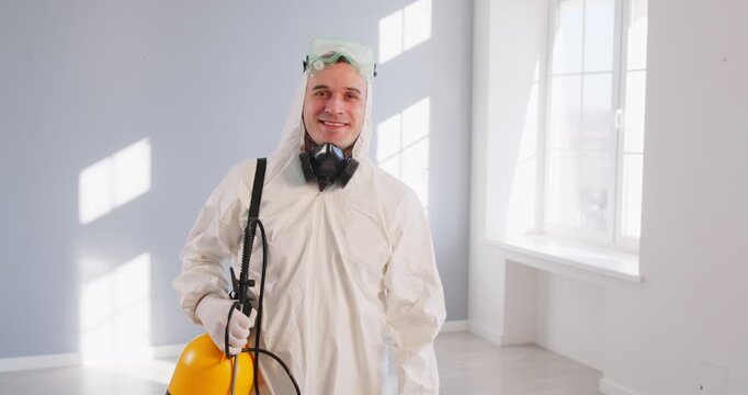 Pest control worker in hazmat suit holding chemical poison sprayer, professional exterminator removing respirator and smiling. Happy guy standing in empty room after disinfection with insecticides