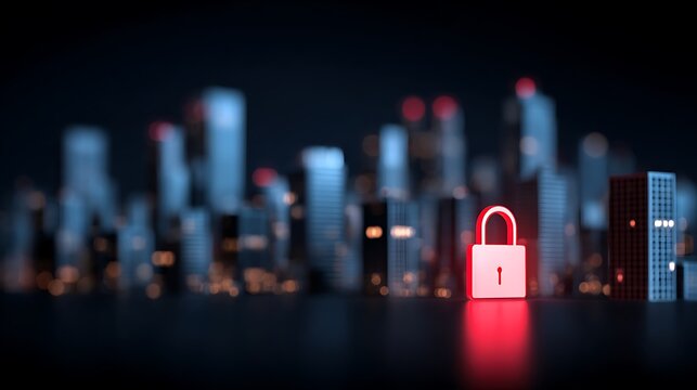 Night cityscape with illuminated skyscrapers and glowing red heart shape light
