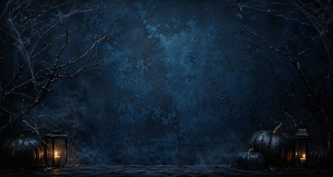 Midnight Blue Haunted Wall with Spiderwebs and Copy Space