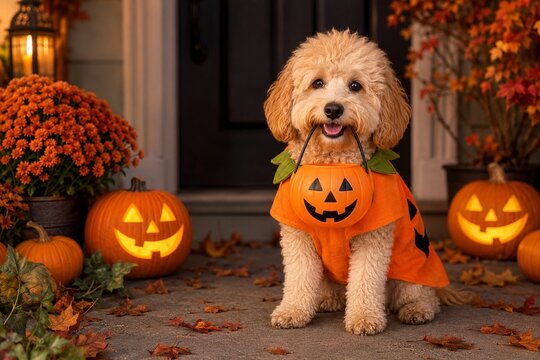 Curly Dog in Pumpkin Costume on a Halloween Porch