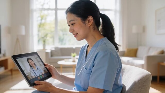 Smiling Asian doctor in scrubs with stethoscope tilting tablet at home as remote consult connecting