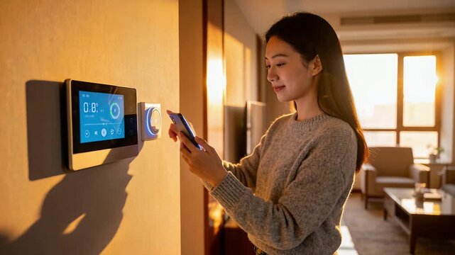 Checking phone Asian woman in knit sweater jeans turning thermostat dial hallway, adjusting temp