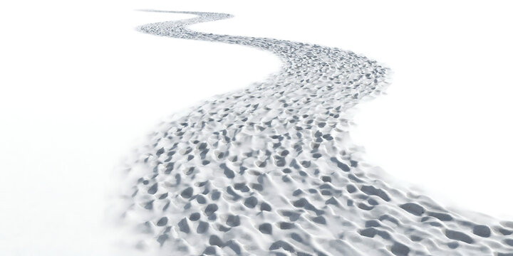 Abstract path of numerous human footprints in white snow leading into the distance with footprints direction perspective impression destination