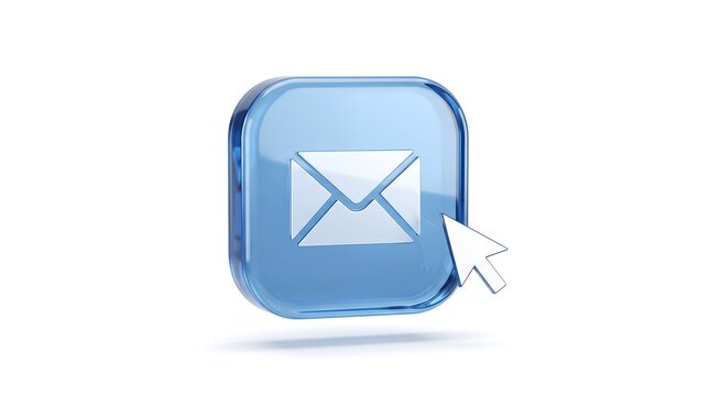 Glossy blue email icon with a white envelope symbol and a mouse cursor pointing to it, representing communication.