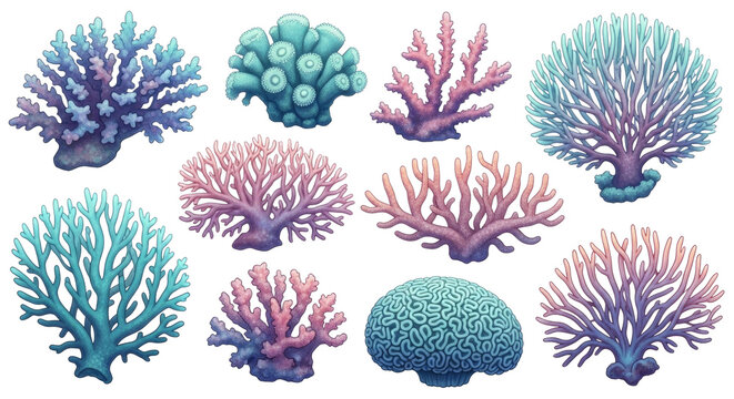 Vibrant coral reef cluster isolated on transparent background. Marine life cutout PNG for ocean-themed designs and underwater projects.