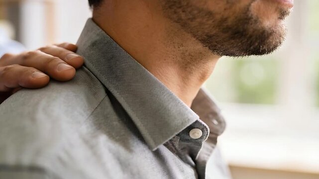 Resting second hand on grey shirt shoulder, shifting fingers along collar near window for comfort