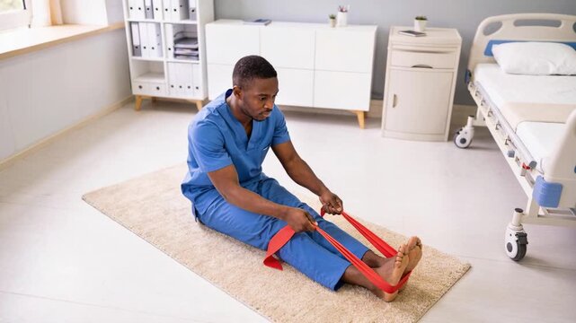 Looping red resistance strap, clinician in blue scrubs pulling for leg rehab in patient room