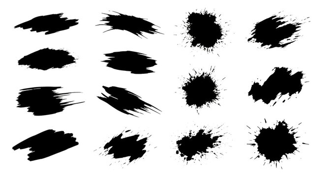 Black ink brush strokes and paint splatters. Artistic grunge design elements Cutout PNG