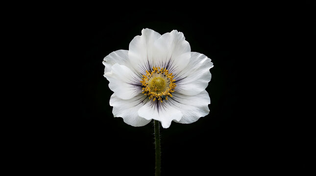 White flower with yellow center on black background