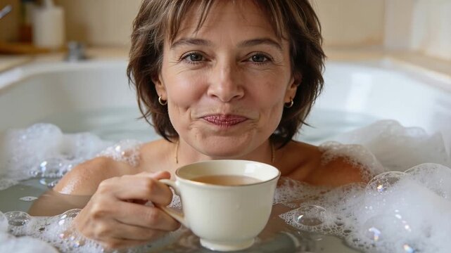 Lifting teacup, woman with bare shoulders sipping to relax while reclining in bathtub with foam