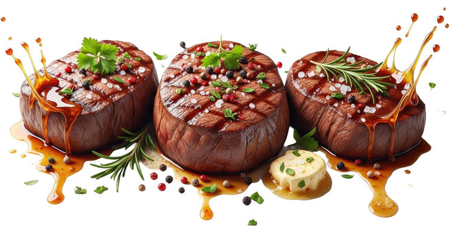 Grilled beef steaks with herbs and sauce. Juicy meat fillets Cutout PNG