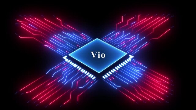 Futuristic cpu microchip with glowing neon circuit traces and digital animation.