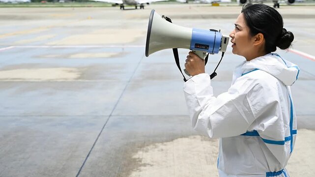 Holding megaphone to mouth, woman announcing on apron wearing white coverall for safety, copy space