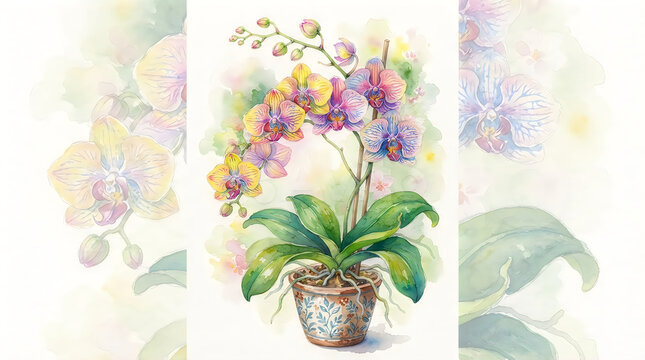 Beautiful watercolor painting of a potted orchid plant with colorful yellow and purple flowers on a white background